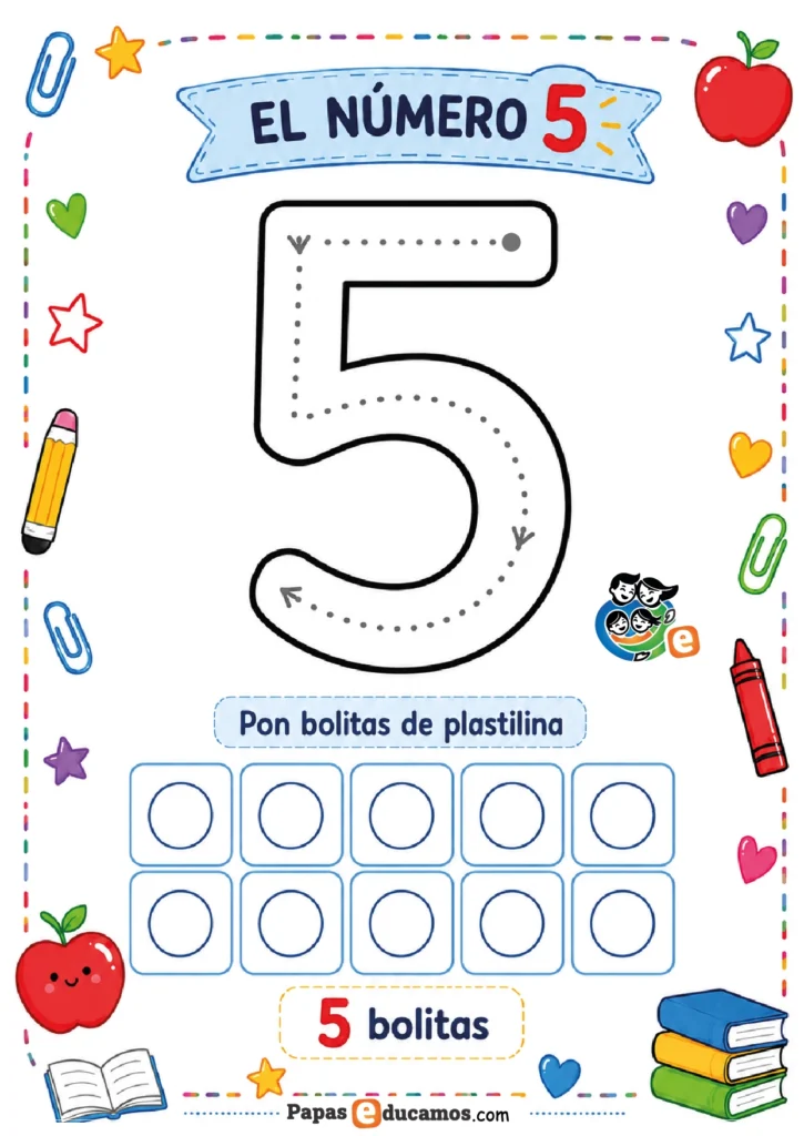 numeros-infantil-06 Ficha del número 5 con actividad de plastilina para Infantil