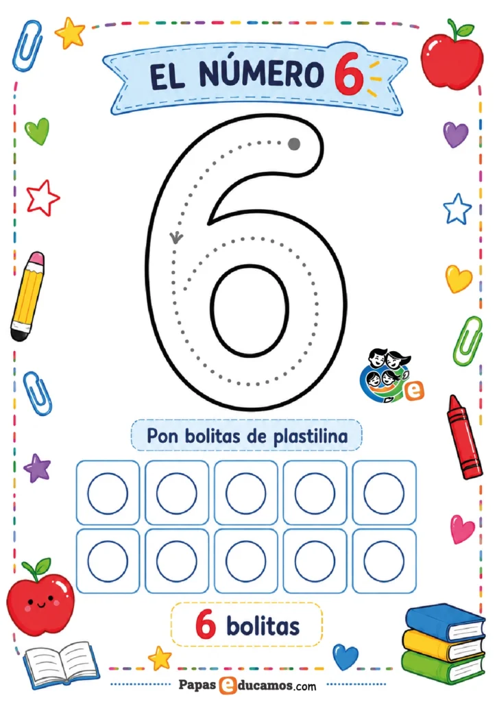 numeros-infantil-07 Ficha del número 6 con actividad de plastilina para Infantil