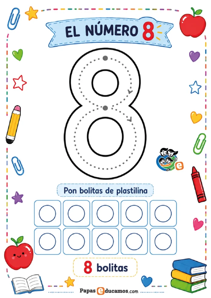 numeros-infantil-09 Ficha del número 8 con actividad de plastilina para Infantil