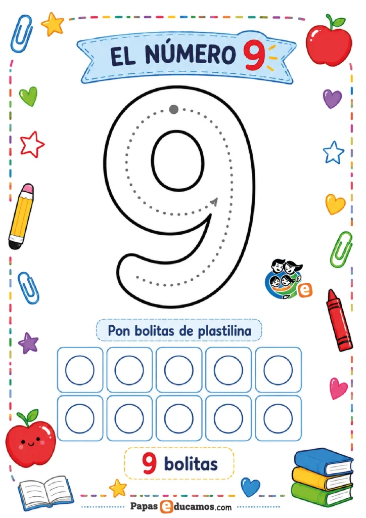 numeros-infantil-10 Ficha del número 9 con actividad de plastilina para Infantil