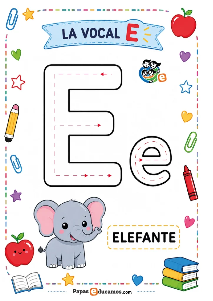 vocales-infantil-02 Ficha de la vocal E con elefante y actividad con plastilina para Infantil