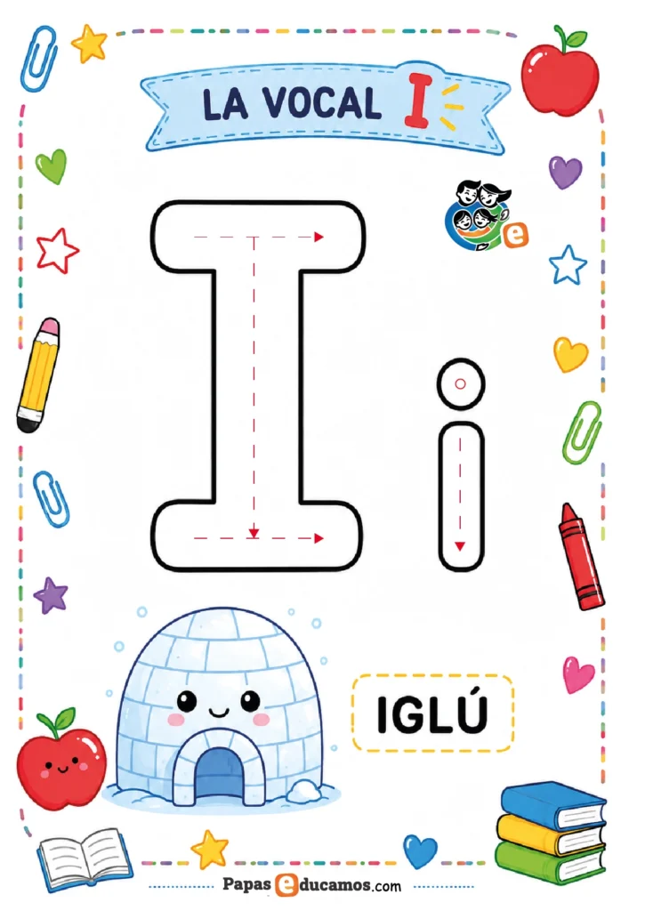 vocales-infantil-03 Ficha de la vocal I con iglú y actividad con plastilina para Infantil