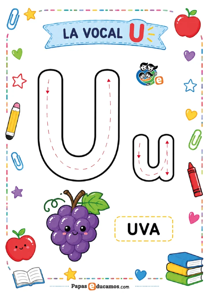 vocales-infantil-05 Ficha de la vocal U con uva y actividad con plastilina para Infantil