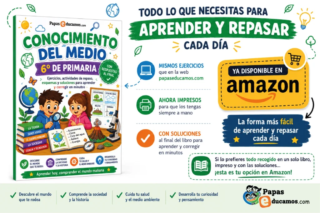 Libro de Conocimiento del Medio de 6º de Primaria de Papás Educamos, con ejercicios, actividades de repaso, esquemas y soluciones al final. Incluye contenidos sobre la Tierra, los seres vivos, el cuerpo humano, la sociedad, ciencia y tecnología, ecosistemas, clima, ciclo del agua, relieve y energía. Disponible en Amazon en formato impreso para aprender y repasar en casa de forma clara y práctica.