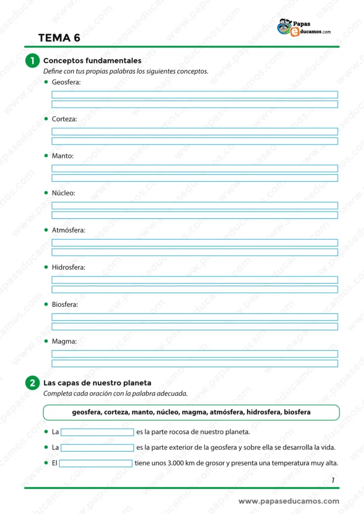 Ejercicios sobre geosfera, corteza, manto, núcleo, atmósfera, hidrosfera, biosfera y capas de la Tierra.