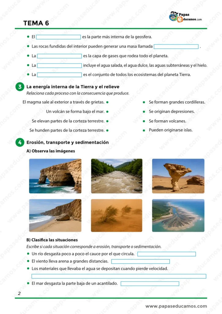 Actividades sobre energía interna de la Tierra, formación del relieve, erosión, transporte y sedimentación.