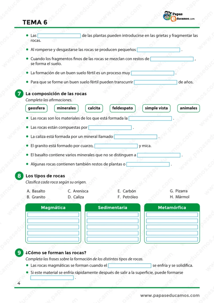 Actividades sobre composición de las rocas, tipos de rocas y formación de rocas magmáticas, sedimentarias y metamórficas.