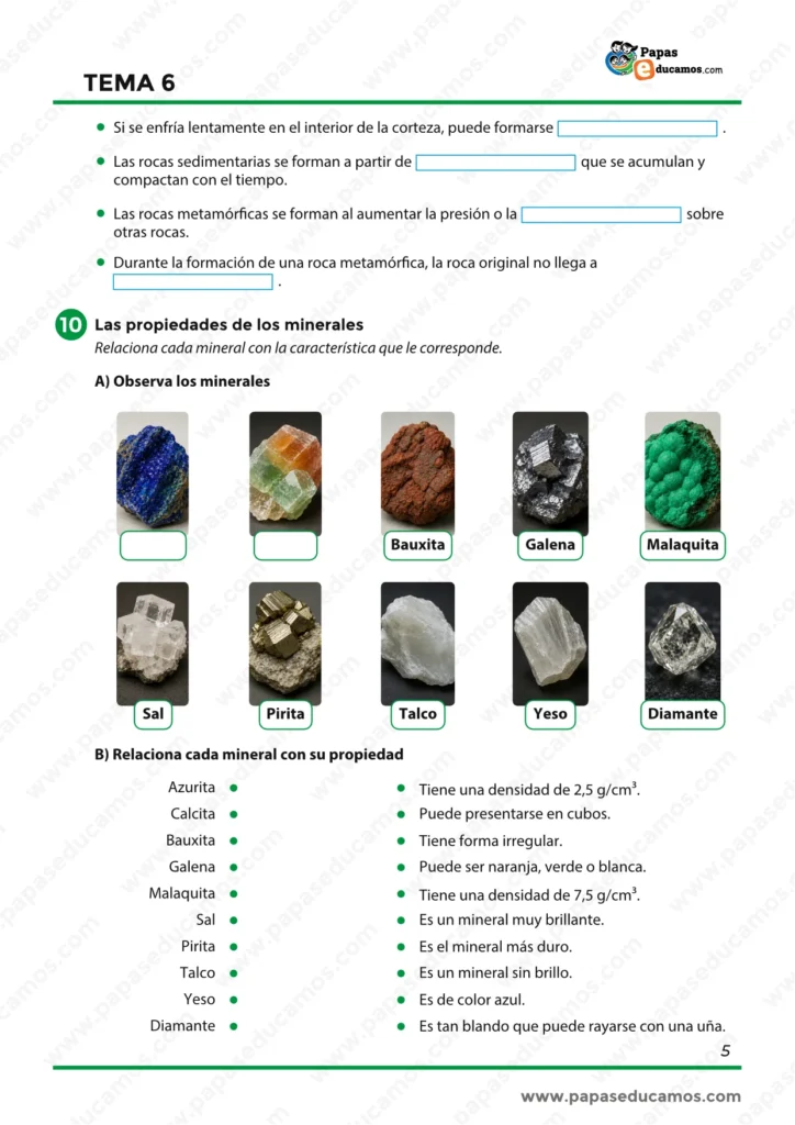 Ejercicios sobre propiedades de los minerales, con imágenes de minerales como bauxita, galena, malaquita, sal, pirita, talco, yeso y diamante.