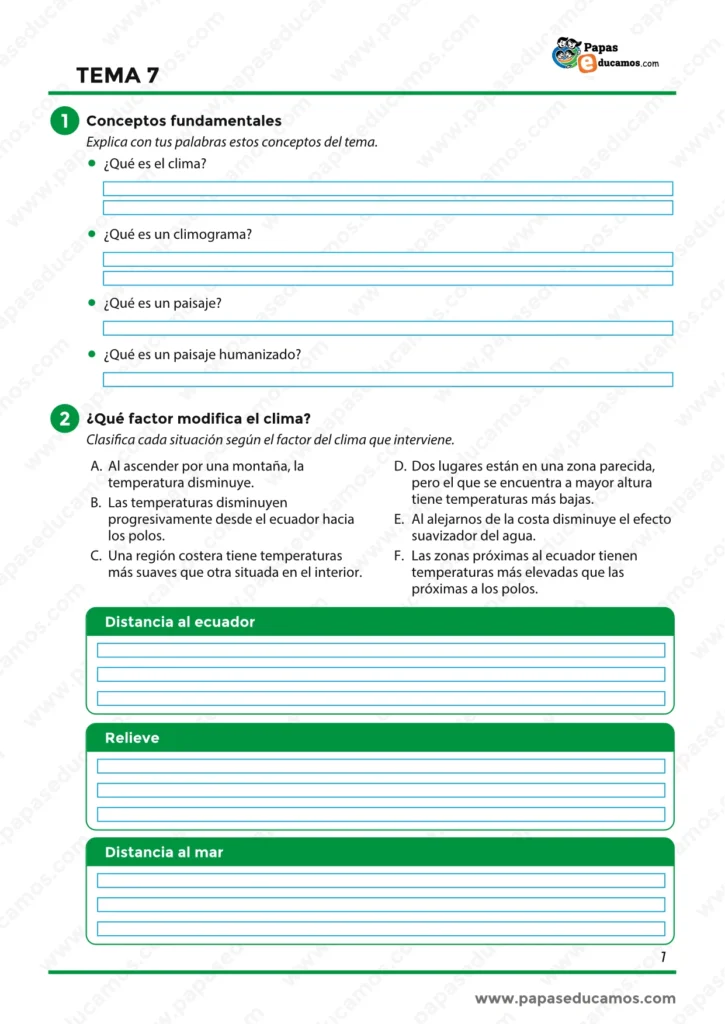 Ejercicios sobre clima, climogramas, paisaje y factores que modifican el clima.