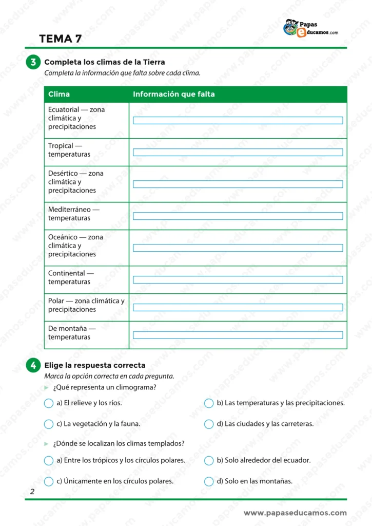 Actividades para completar los climas de la Tierra y elegir respuestas sobre climogramas y zonas climáticas.