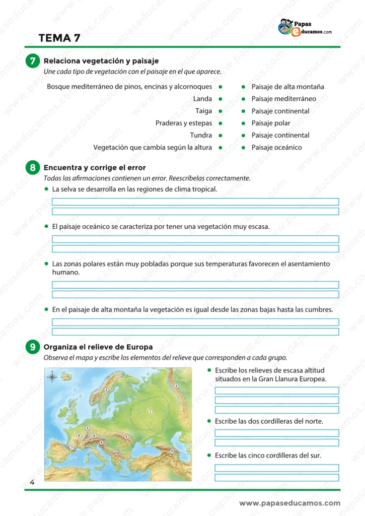 Actividades sobre vegetación, tipos de paisaje y organización del relieve de Europa en un mapa.