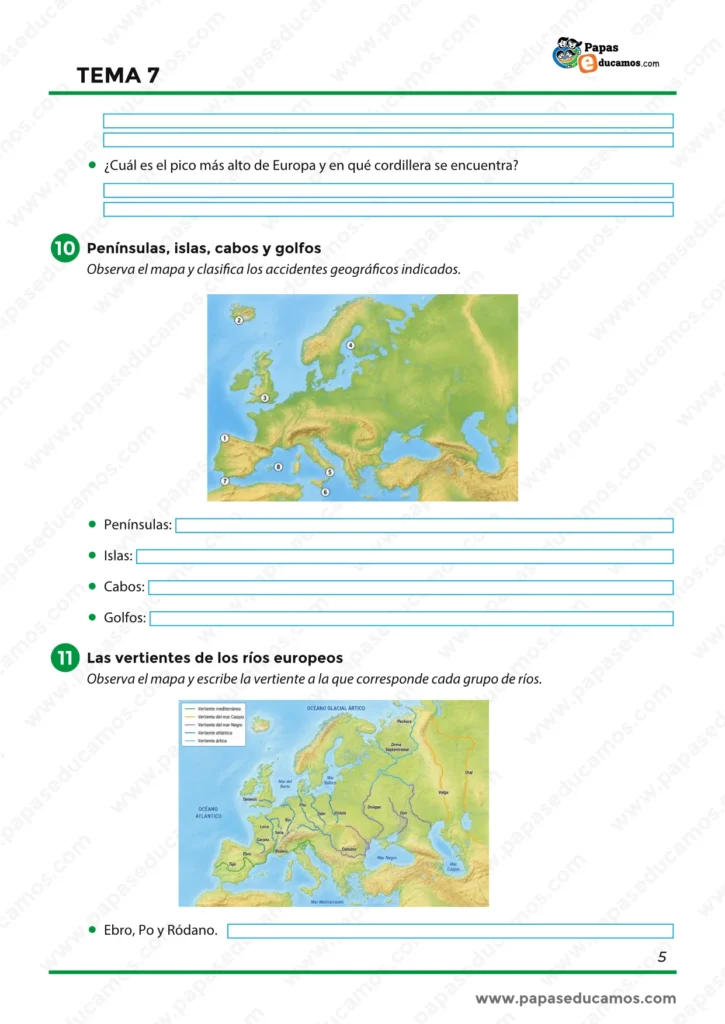 Ejercicios con mapas de Europa sobre penínsulas, islas, cabos, golfos y vertientes de los ríos europeos.
