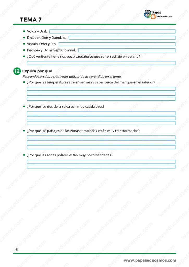 Preguntas sobre ríos europeos y explicaciones sobre temperaturas, selvas, paisajes templados y zonas polares.