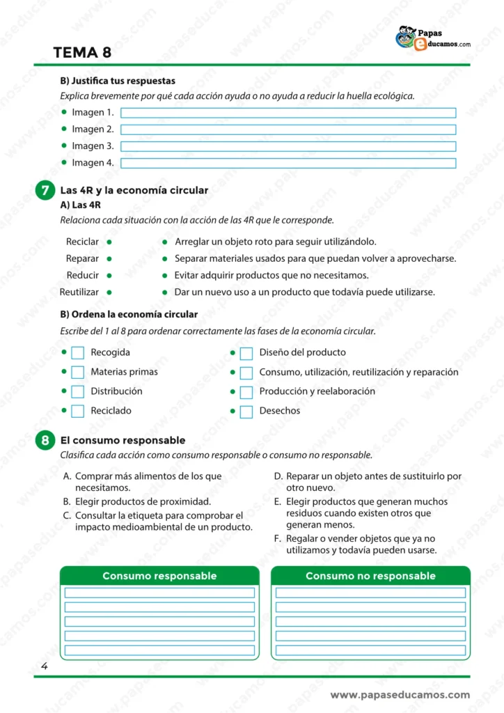 Actividades sobre las 4R, economía circular y clasificación de acciones de consumo responsable.