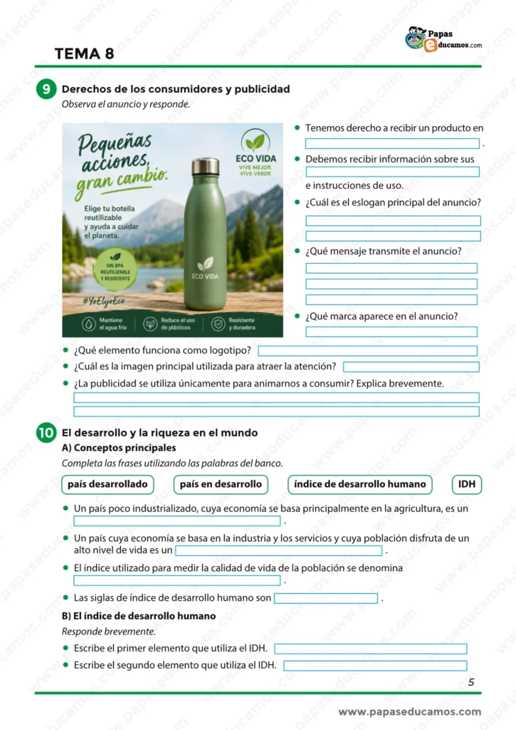 Ejercicios sobre derechos de los consumidores, publicidad, países desarrollados, países en desarrollo e IDH.