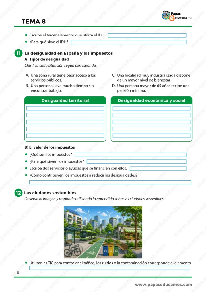 Actividades sobre desigualdad territorial, desigualdad económica y social, impuestos y ciudades sostenibles.