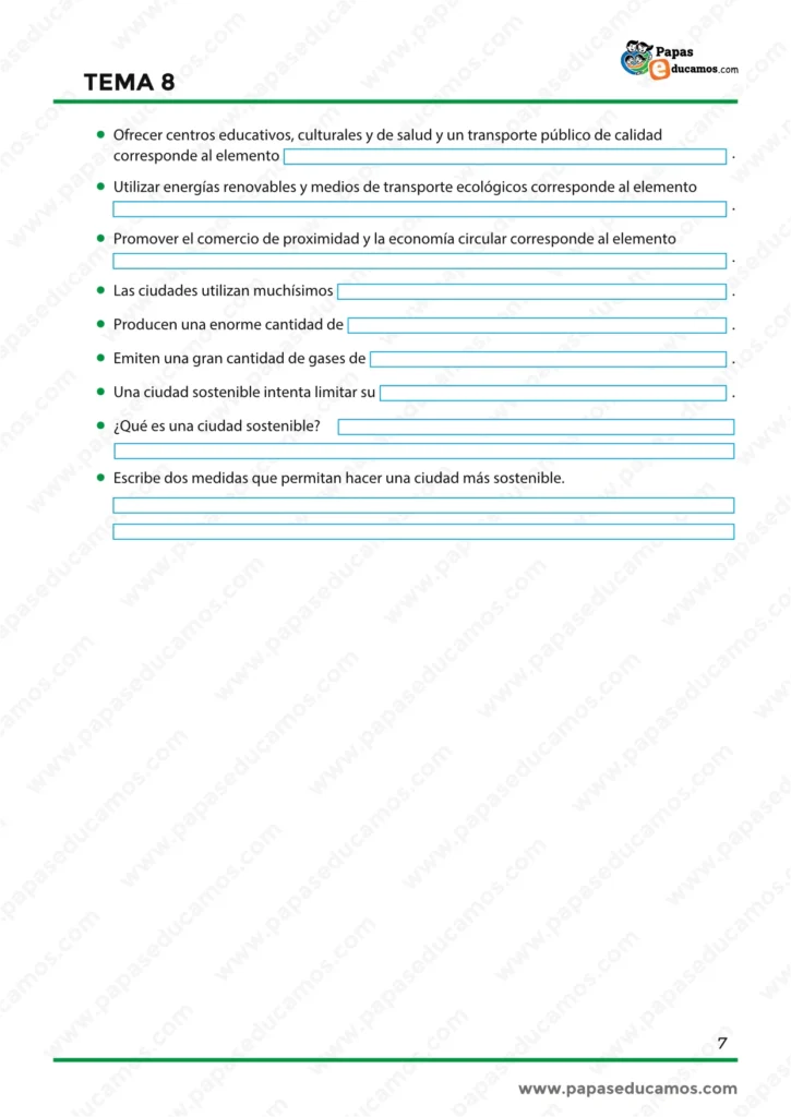 Ejercicios finales sobre ciudades sostenibles, consumo de recursos, contaminación y medidas para mejorar la sostenibilidad urbana.