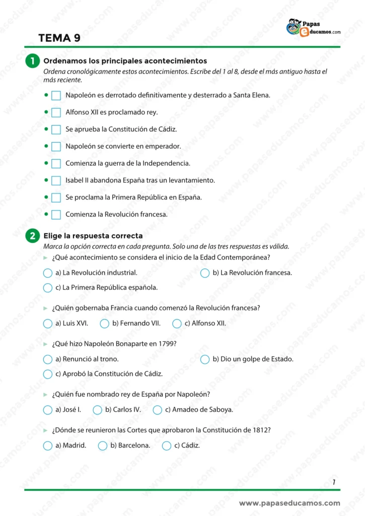 Ejercicios sobre acontecimientos históricos de la Edad Contemporánea y preguntas tipo test sobre la Revolución francesa, Napoleón y la Constitución de Cádiz.