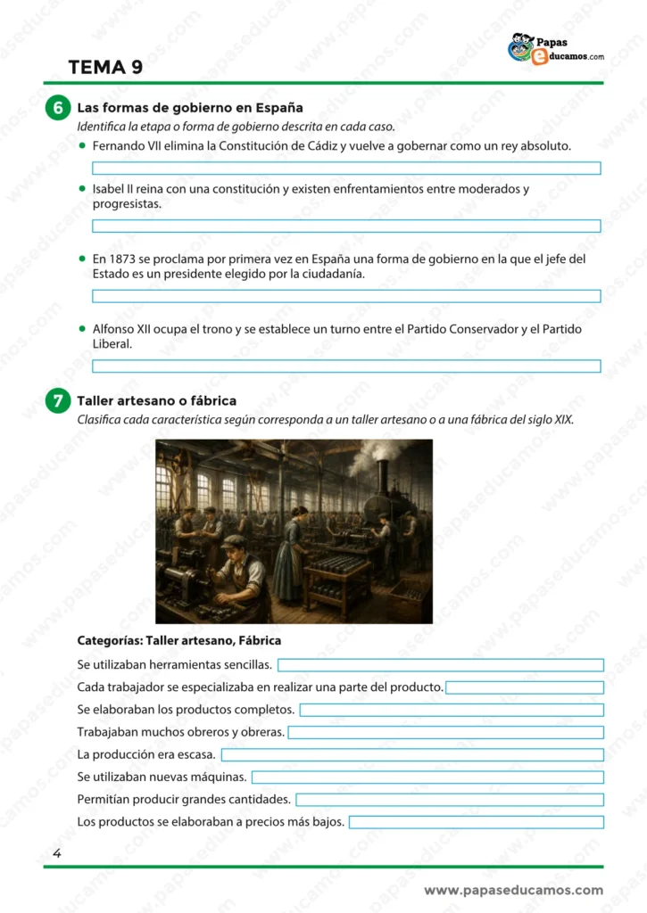 Actividades sobre formas de gobierno en España y comparación entre taller artesano y fábrica del siglo XIX.