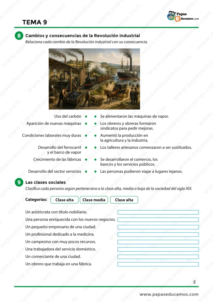 Ejercicios sobre cambios de la Revolución industrial y clasificación de las clases sociales del siglo XIX.