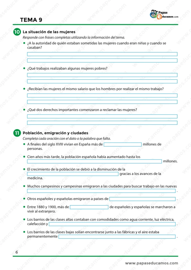 Preguntas sobre la situación de las mujeres, población, emigración y crecimiento de las ciudades.
