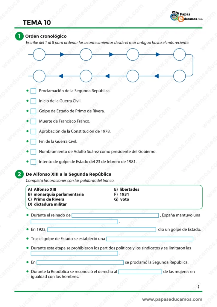 Ejercicios sobre el orden cronológico de acontecimientos históricos y actividades de Alfonso XIII a la Segunda República.