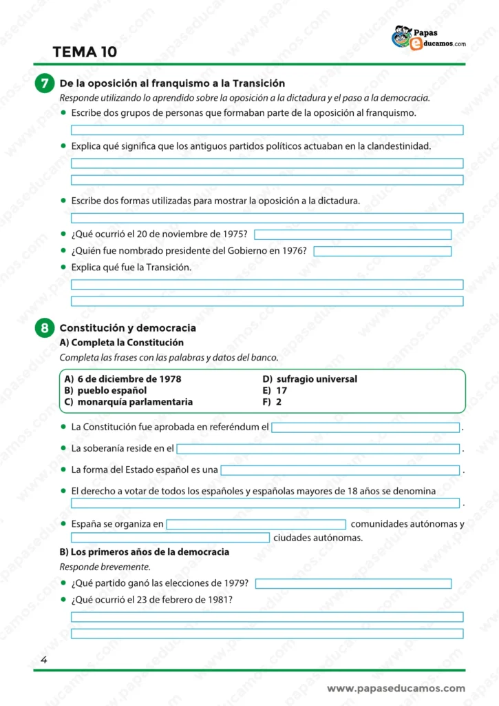 Actividades sobre la oposición al franquismo, la Transición, la Constitución de 1978 y los primeros años de la democracia.