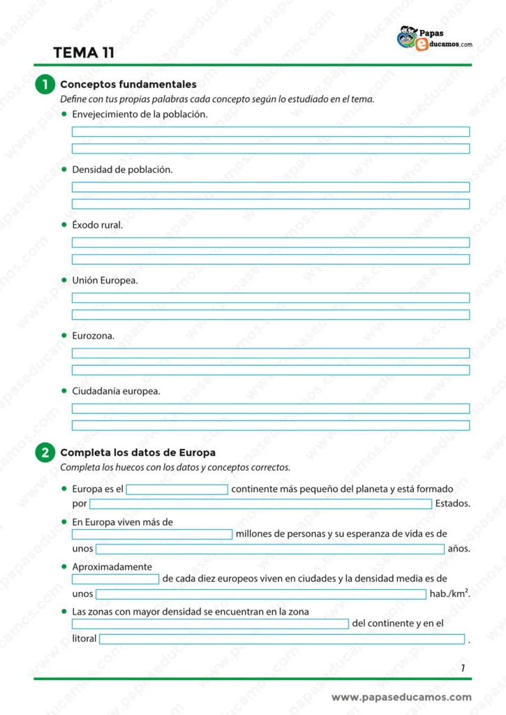Ejercicios sobre conceptos fundamentales de Europa, población, Unión Europea, eurozona y ciudadanía europea.