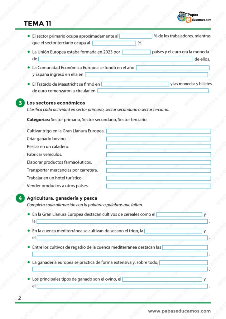 Actividades sobre datos de Europa, sectores económicos, agricultura, ganadería y pesca.