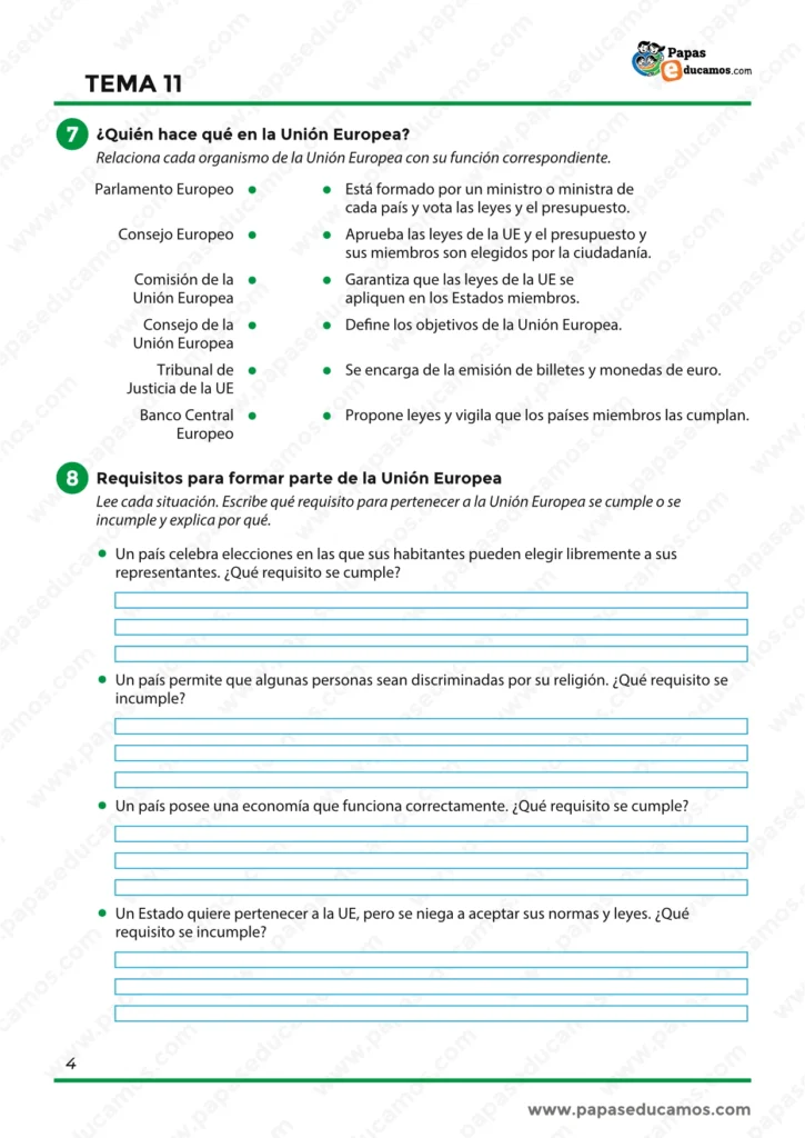 Actividades sobre instituciones de la Unión Europea y requisitos para formar parte de la UE.