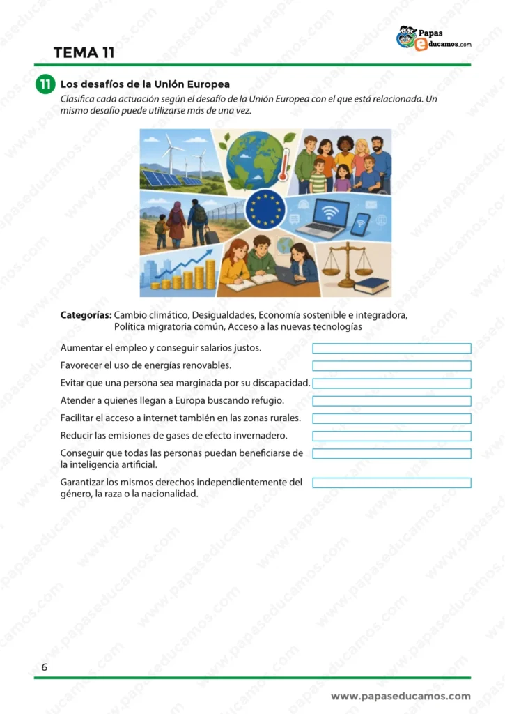 Actividad final sobre desafíos de la Unión Europea relacionados con clima, desigualdad, migración, economía y nuevas tecnologías.