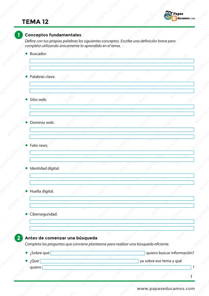 Ejercicios sobre conceptos fundamentales de internet, identidad digital, huella digital, fake news y ciberseguridad.