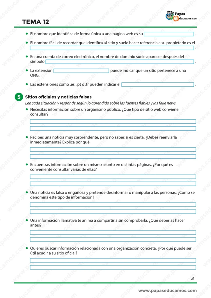 Actividades sobre estrategias de búsqueda, uso de comillas, asterisco, signos, búsqueda por voz, imágenes y conceptos de web y dominio.