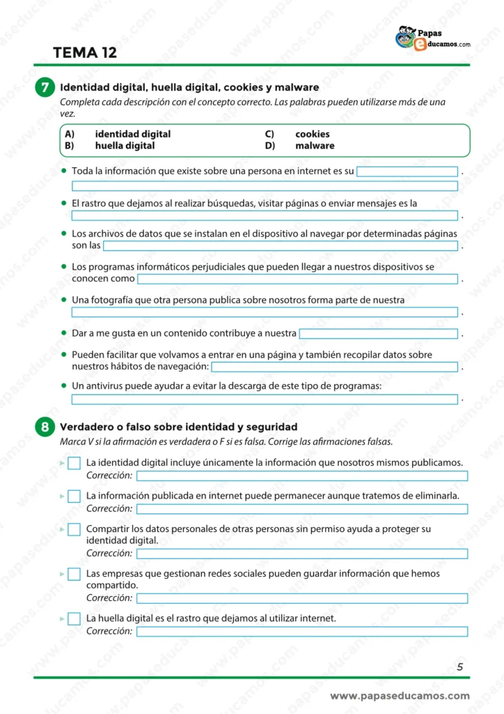 Ejercicios sobre identidad digital, huella digital, cookies, malware y seguridad en internet.