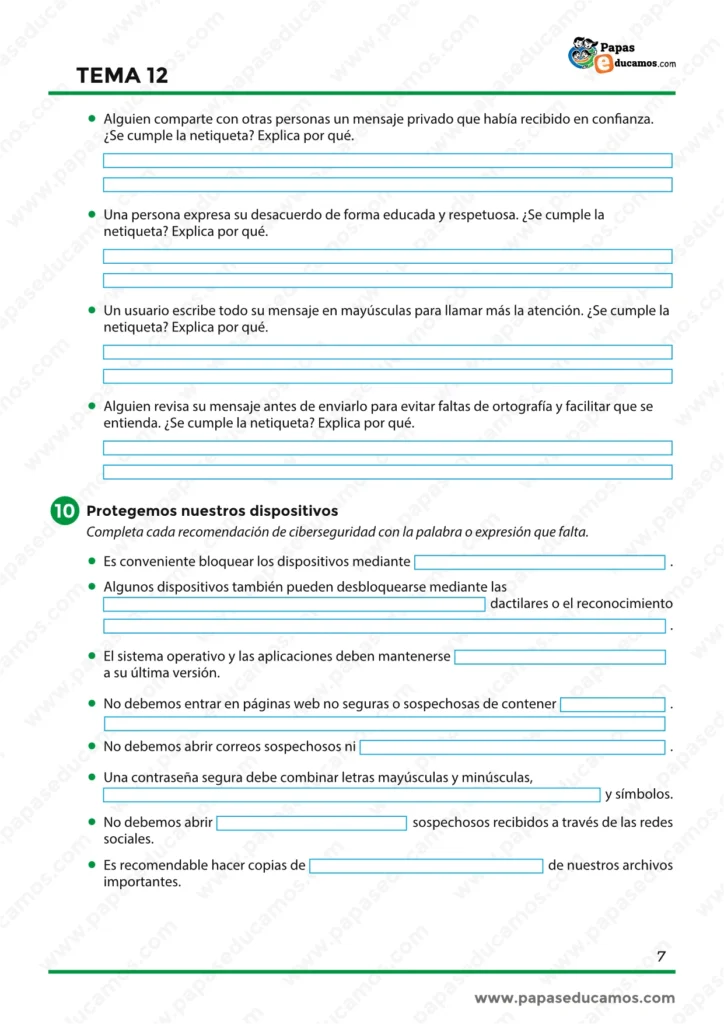 Ejercicios sobre protección de dispositivos, contraseñas seguras, actualizaciones, correos sospechosos y copias de seguridad.