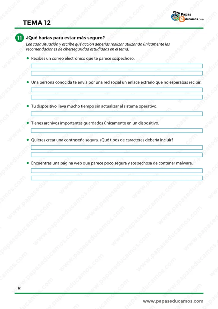 Actividad final con situaciones prácticas para aplicar recomendaciones de ciberseguridad y navegar de forma más segura.