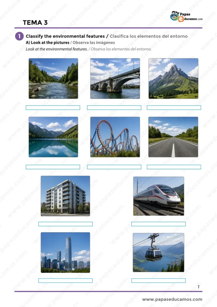 ejercicios_ingles_tema_03_6_primaria_01 Ejercicios de vocabulario en inglés sobre elementos del entorno, con imágenes de río, puente, montaña, lago, carretera, tren y otros lugares.