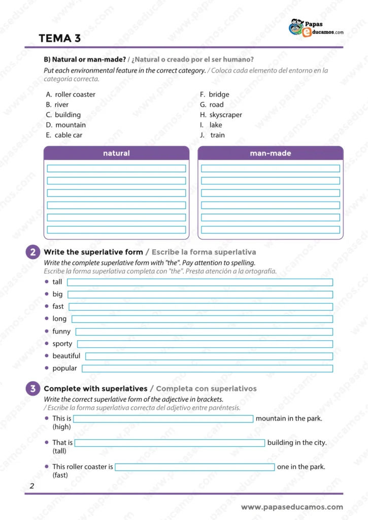 ejercicios_ingles_tema_03_6_primaria_02 Actividades para clasificar elementos naturales y creados por el ser humano, y practicar la forma superlativa de adjetivos en inglés.