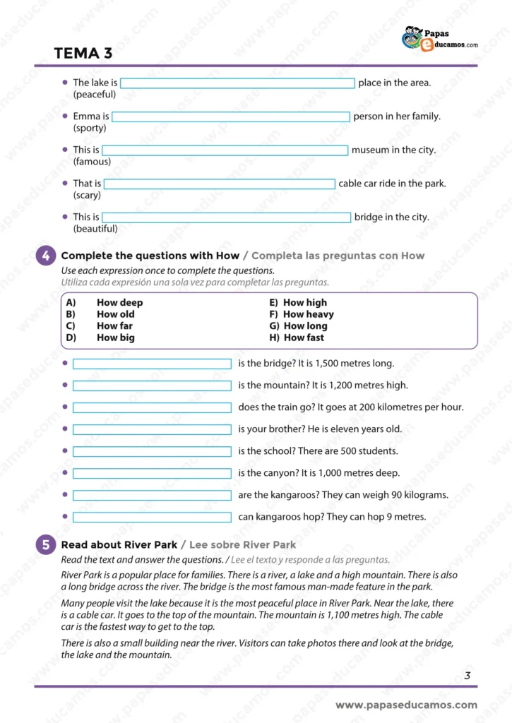 ejercicios_ingles_tema_03_6_primaria_03 Ejercicios para completar frases con superlativos y preguntas con How sobre medidas, edad, velocidad, tamaño y distancia.
