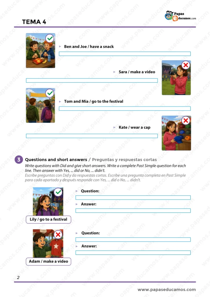 ejercicios_ingles_tema_04_6_primaria_02 Actividades para escribir oraciones en Past Simple y formar preguntas con Did y respuestas cortas.