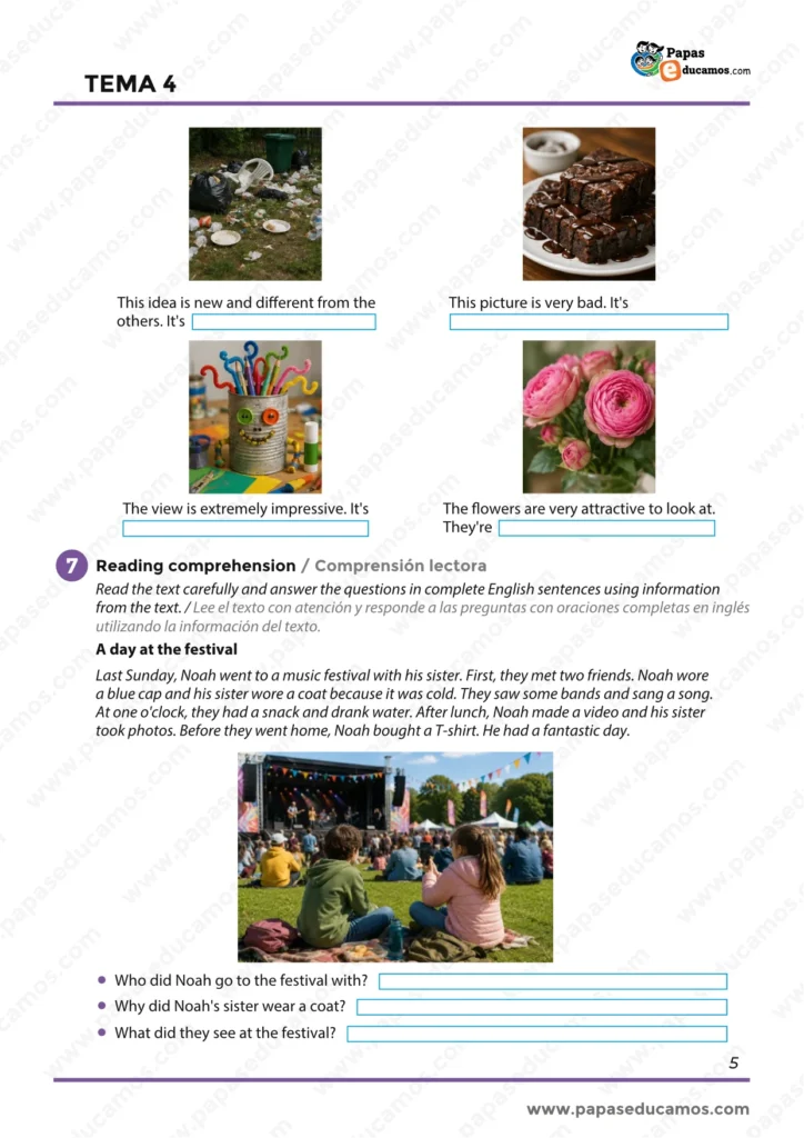 ejercicios_ingles_tema_04_6_primaria_05 Ejercicios de adjetivos y comprensión lectora del texto A day at the festival.