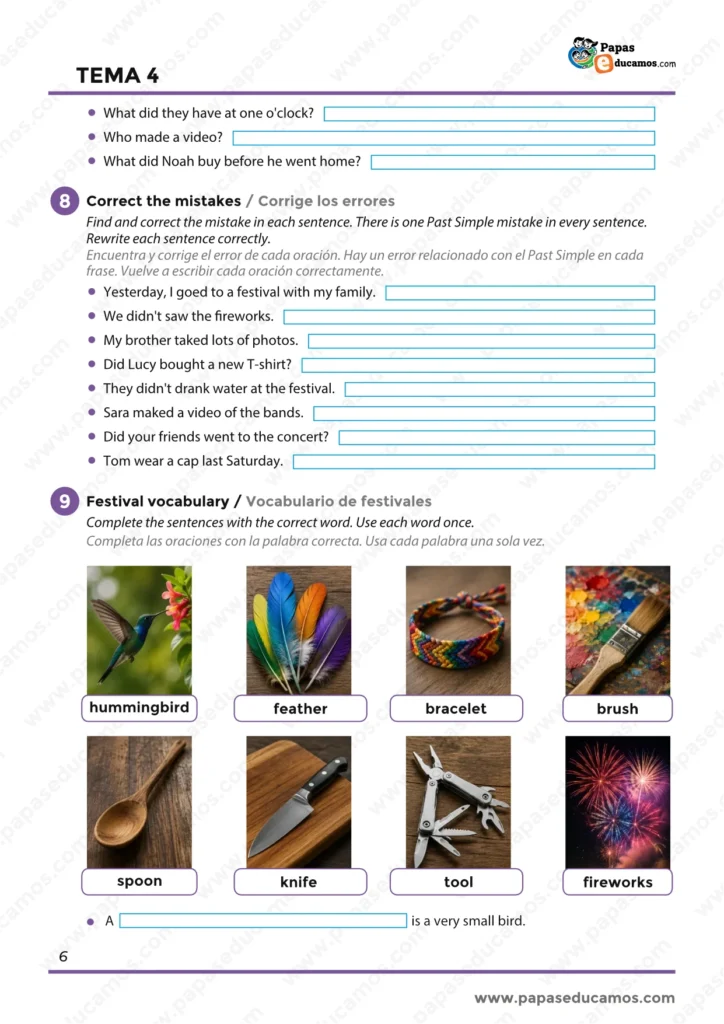 ejercicios_ingles_tema_04_6_primaria_06 Actividades para corregir errores en Past Simple y practicar vocabulario de festivales como hummingbird, feather, bracelet, brush, spoon, knife, tool y fireworks.