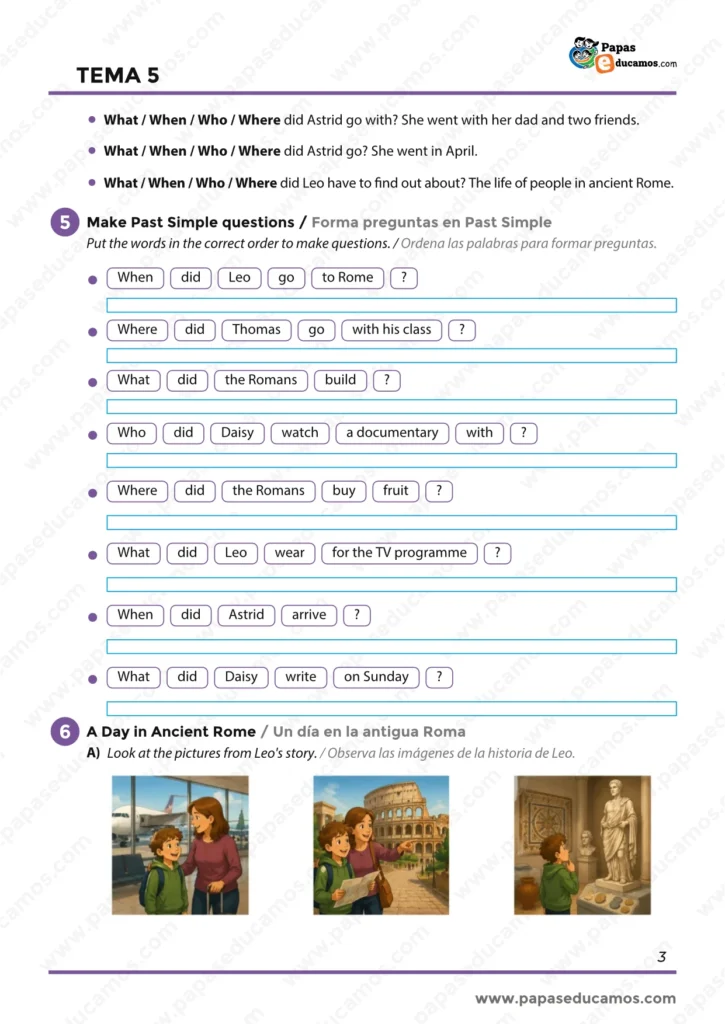 ejercicios_ingles_tema_05_6_primaria_03 Ejercicios para formar preguntas en Past Simple y comienzo de la actividad de comprensión sobre A Day in Ancient Rome.