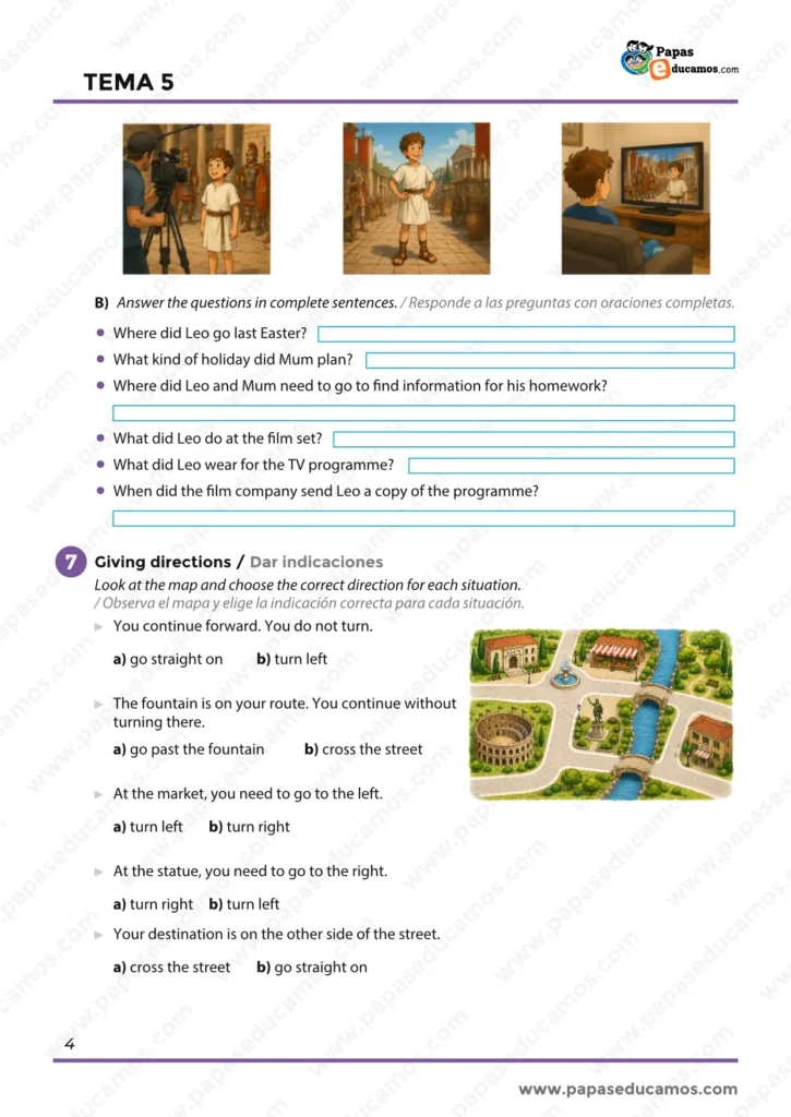 ejercicios_ingles_tema_05_6_primaria_04 Preguntas de comprensión sobre la historia de Leo en Roma y actividades para elegir direcciones en inglés usando un mapa.