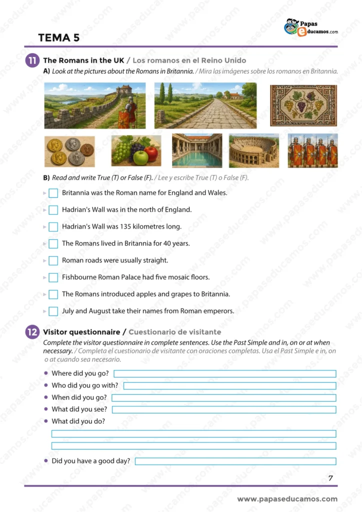 ejercicios_ingles_tema_05_6_primaria_07 Comprensión sobre los romanos en el Reino Unido y cuestionario final de visitante usando Past Simple y preposiciones de tiempo.