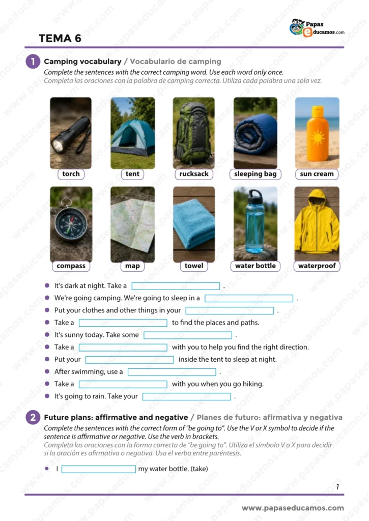 ejercicios_ingles_tema_06_6_primaria_01 Ejercicios de vocabulario de camping con imágenes de linterna, tienda, mochila, saco de dormir, brújula, mapa, botella de agua y chubasquero.