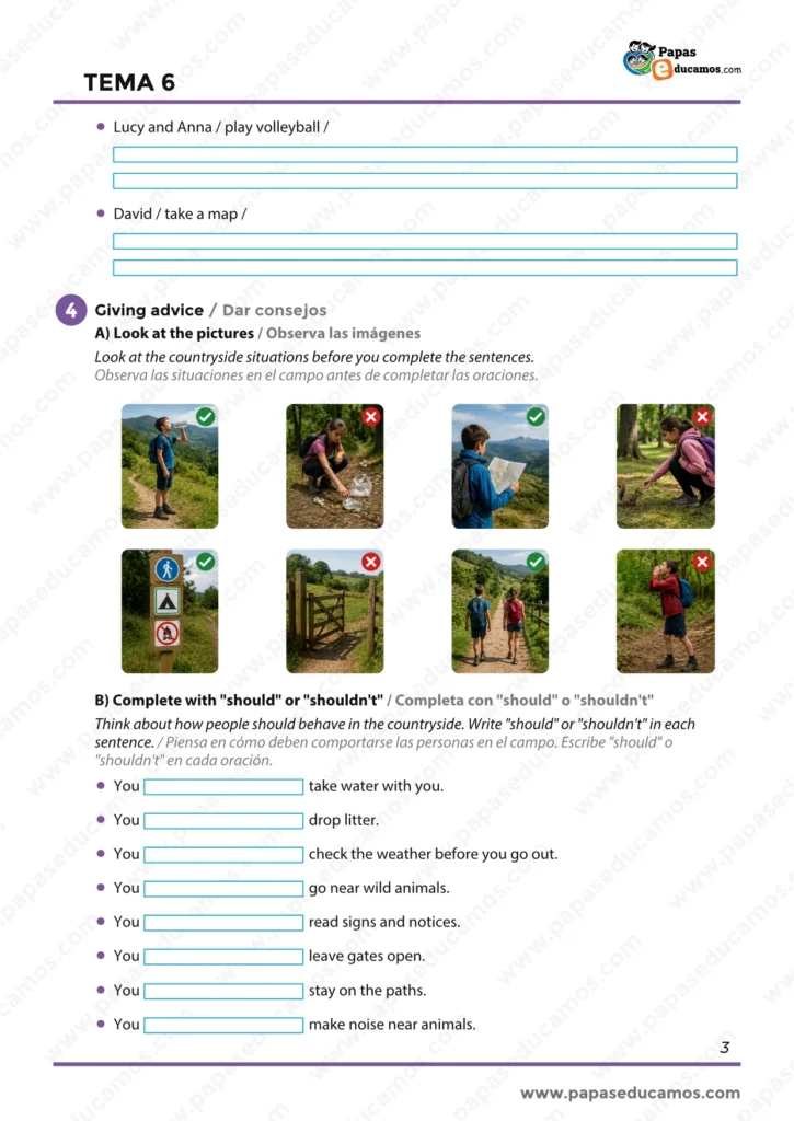 ejercicios_ingles_tema_06_6_primaria_03 Ejercicios de preguntas con be going to y consejos con should y shouldn’t sobre comportamiento en el campo.