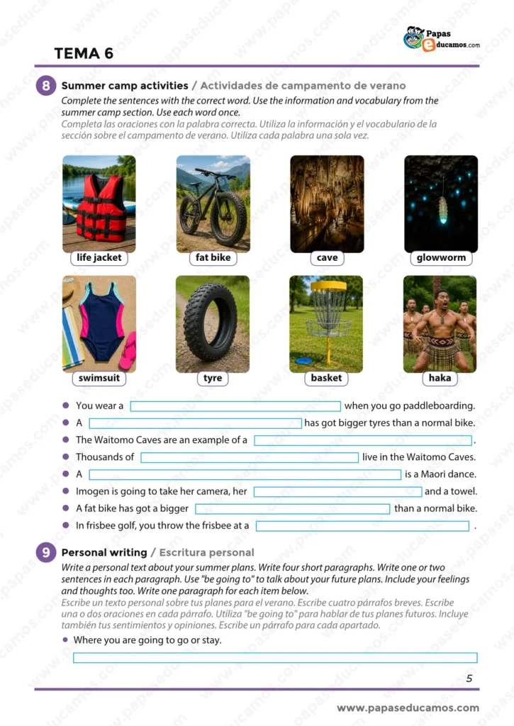 ejercicios_ingles_tema_06_6_primaria_05 Ejercicios de vocabulario sobre actividades de campamento de verano, como life jacket, fat bike, cave, glowworm, swimsuit, tyre, basket y haka.