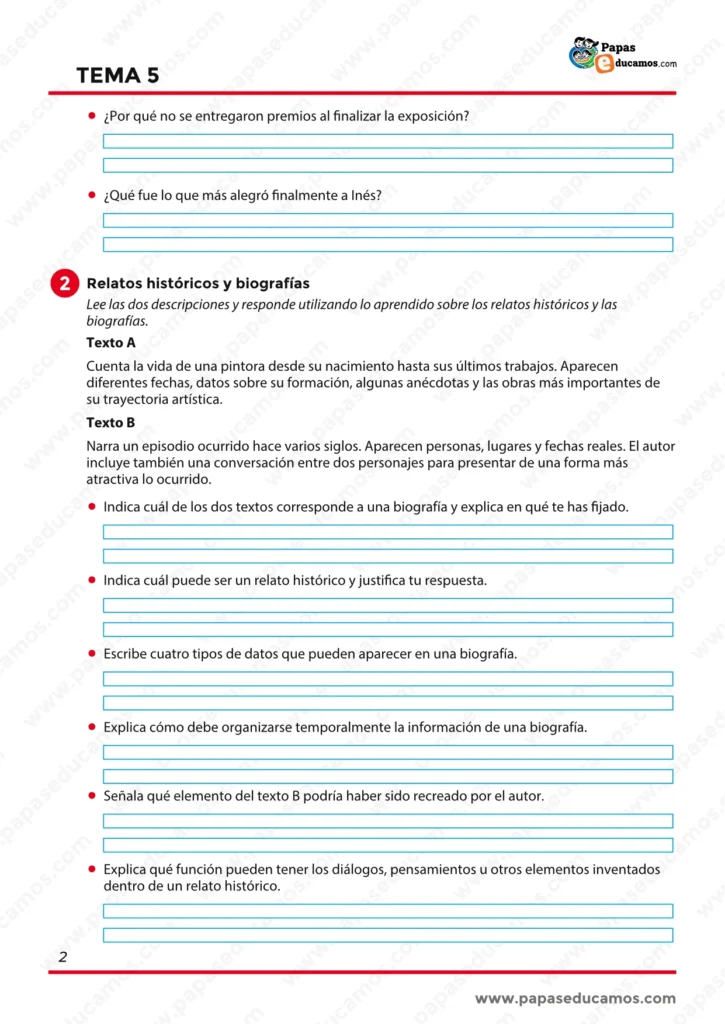 Actividades de Lengua de 6º de Primaria sobre comprensión lectora, relatos históricos y biografías, con preguntas para diferenciar ambos tipos de texto.