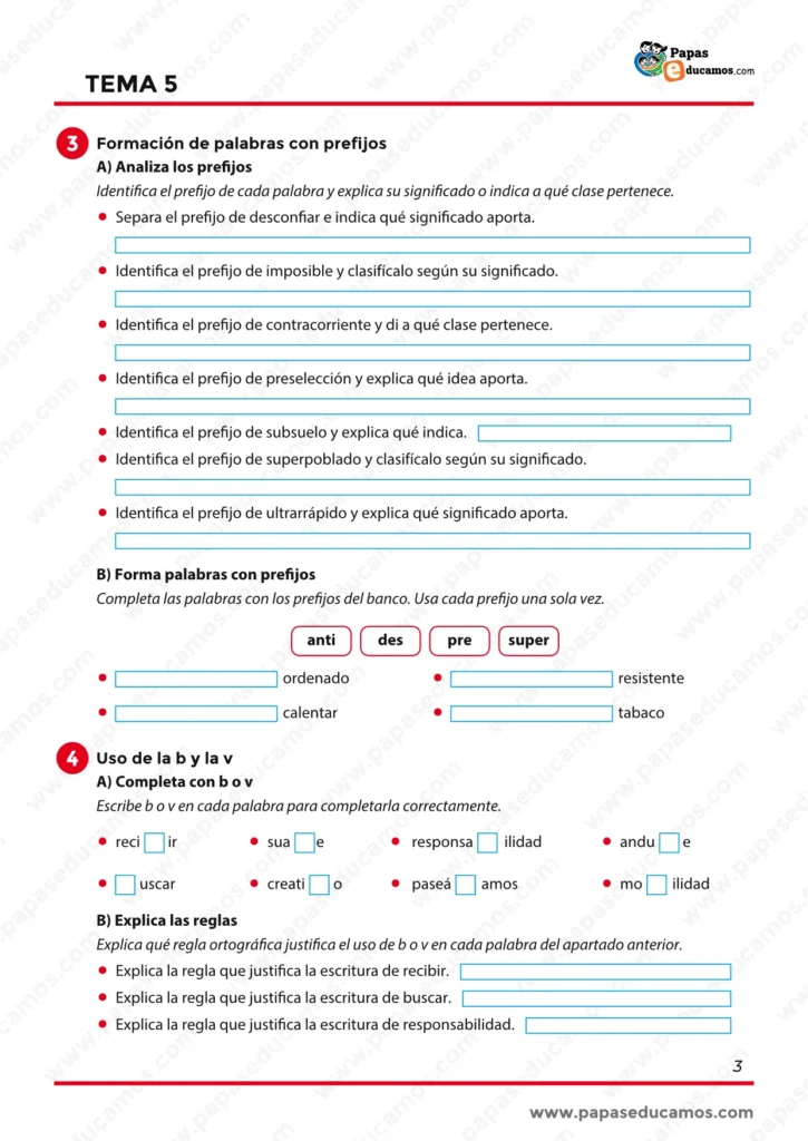 Ficha del Tema 5 de Lengua de sexto con ejercicios sobre formación de palabras con prefijos y uso ortográfico de la b y la v.